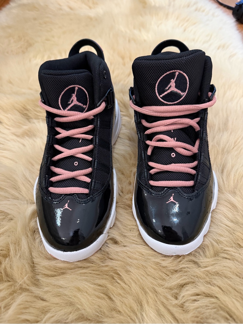 Jordan Kids Black and Pink Patent Leather Sneakers